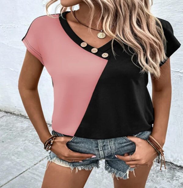 Women's Fashionable Color-Blocked Casual Short Sleeve Top