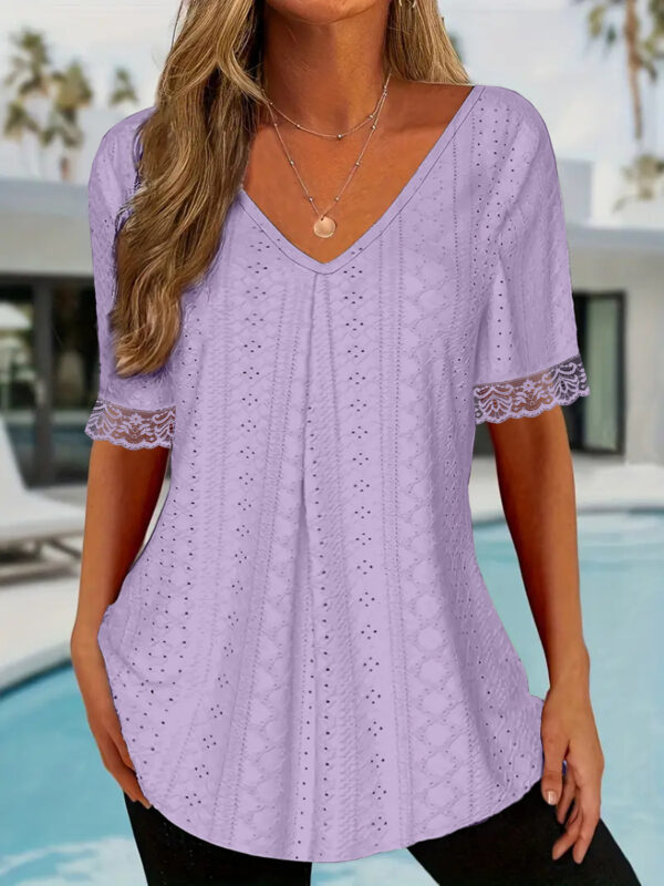 Women's Solid-Color V-Neck Loose-Fit Short-Sleeve Pleated Top