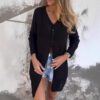 Women's Casual Long-Sleeve Mid-Length V-neck Solid-Color Jacket