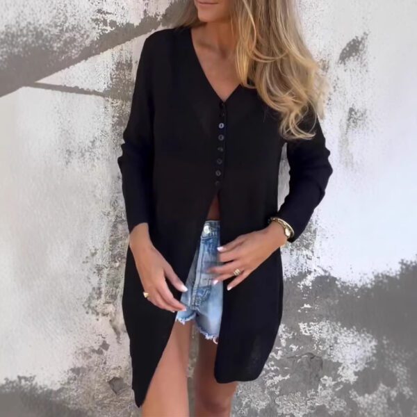 Women's Casual Long-Sleeve Mid-Length V-neck Solid-Color Jacket