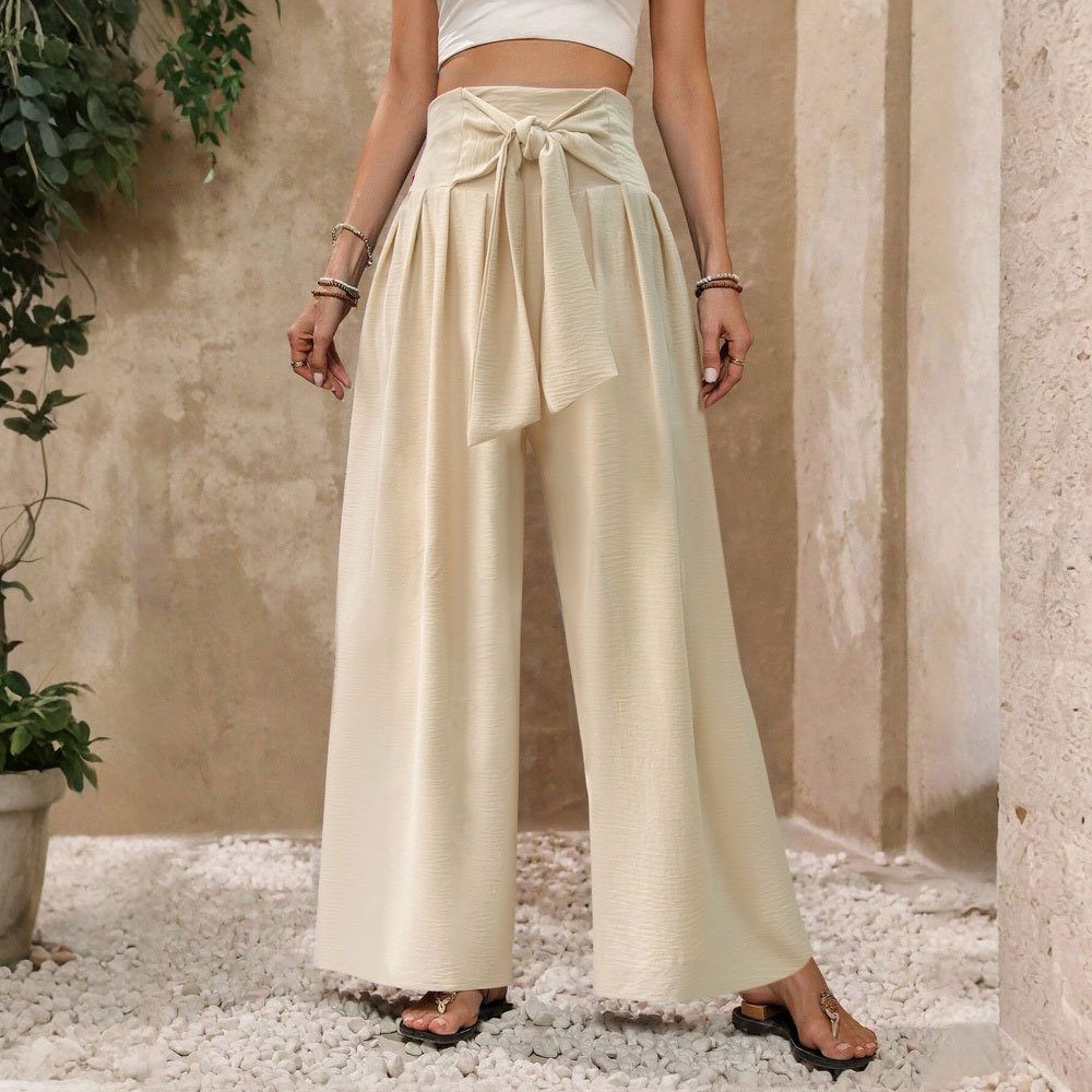 Women's Solid-Color High-Waist Tie-Front Casual Wide-Leg Pants