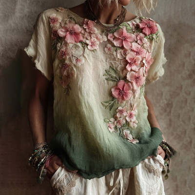 Women's Elegant 3D-Printed Flower Long-Sleeve Top