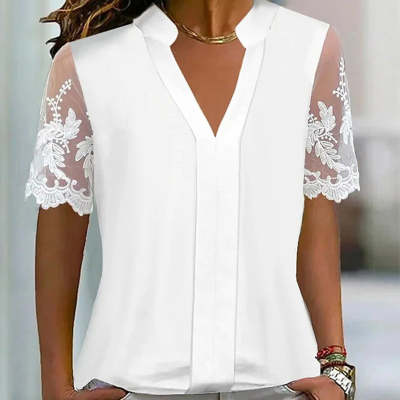 Women's Casual White V-Neck Lace Short-Sleeve Top