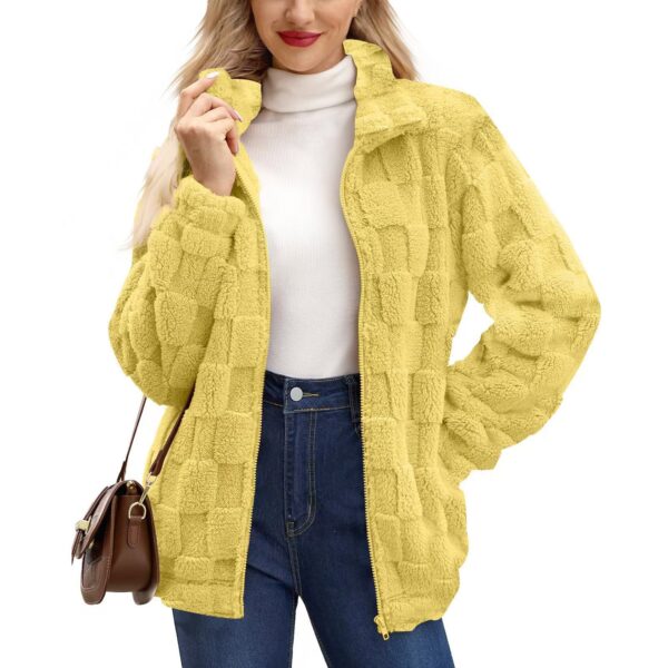 Women's Zipped Stand Collar Loose Jacquard Plaid Plush Jacket