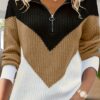Women's Casual Lapel Contrast-Color Knitted Zip-up Sweater