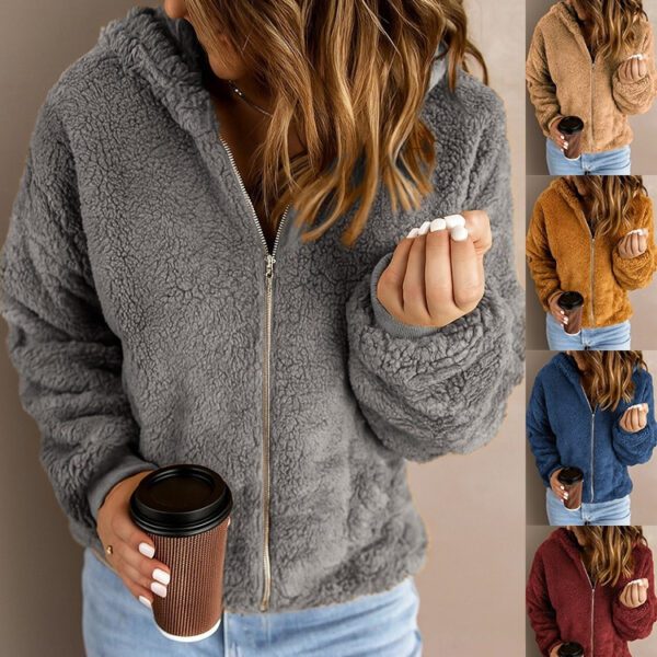 Women's Casual Hooded Long Sleeve Zip Plush Jacket