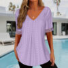 Women's Solid-Color V-Neck Loose-Fit Short-Sleeve Pleated Top
