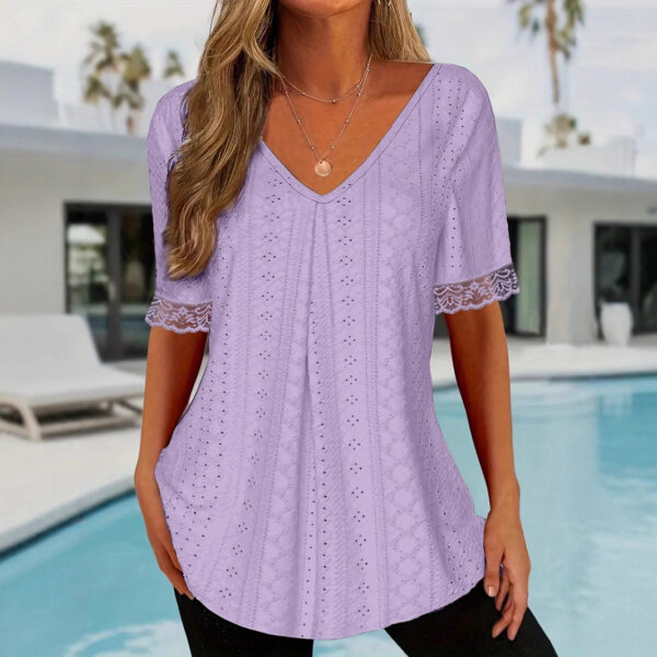 Women's Solid-Color V-Neck Loose-Fit Short-Sleeve Pleated Top
