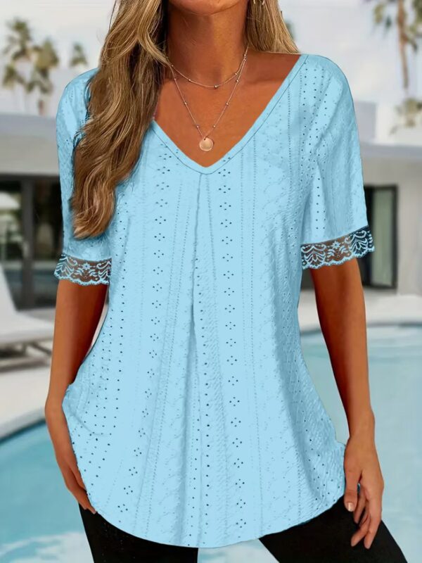 Women's Solid-Color V-Neck Loose-Fit Short-Sleeve Pleated Top